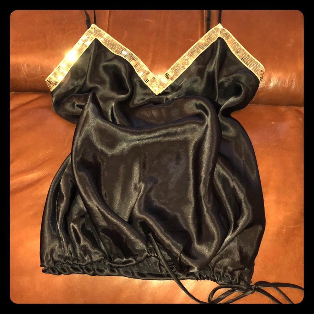 Women’s S black satin tank top gold sequin trim